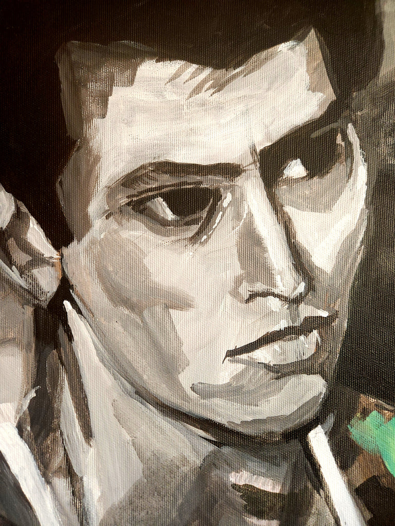 Detail from the painting a face of a man in black and white colors